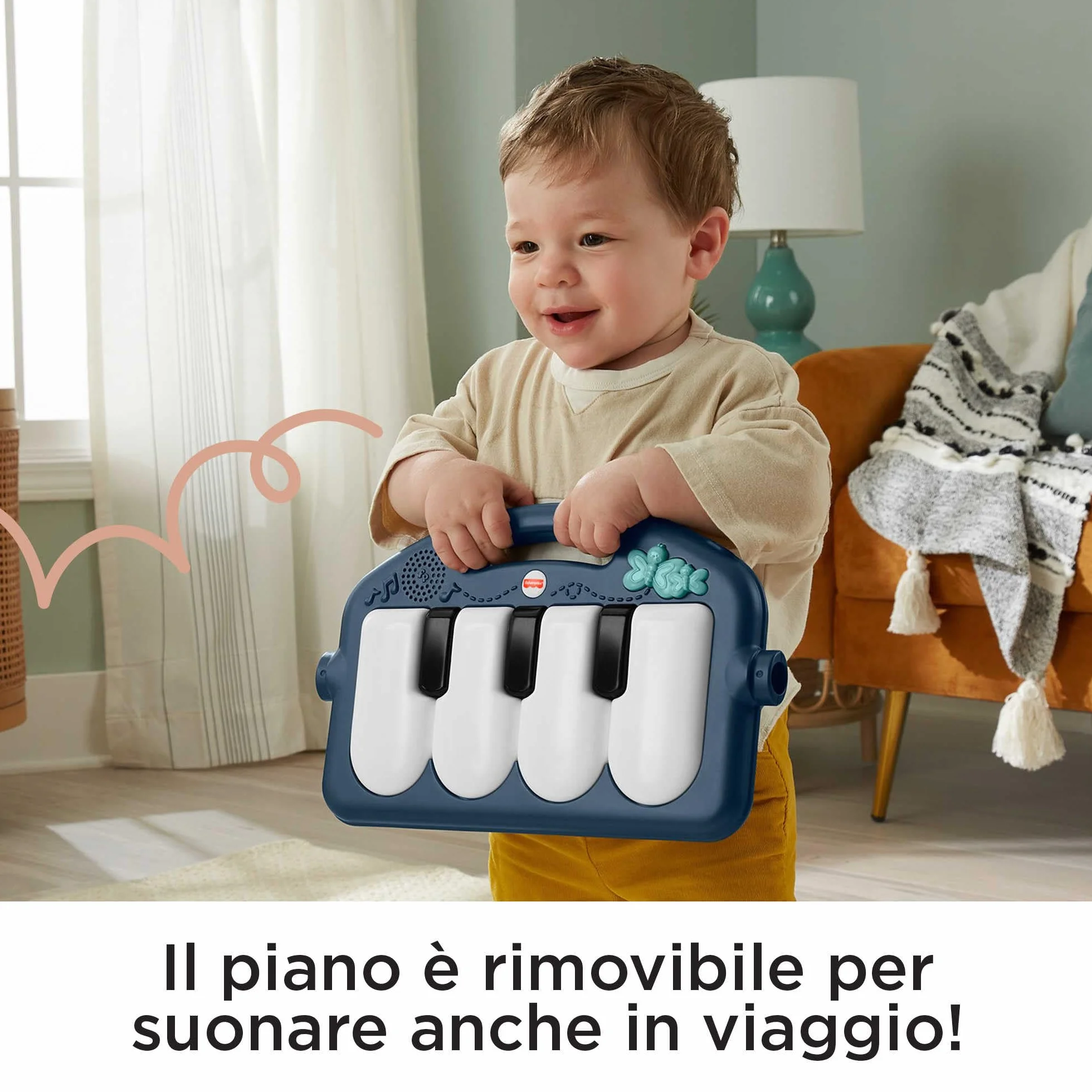 Fisher-Price - Palestrina Baby Piano 4 in 1, tappetino con pianoforte musicale e giocattoli per il gioco distesi sul pancino, cerbiatto blu [esclusiva Amazon], giocattolo per bambini 0+ Mesi, HKX37