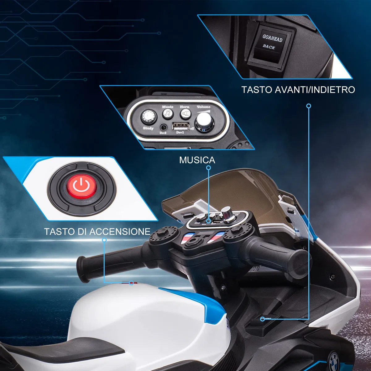 HOMCOM Moto Bambini BMW HP4 18-60 Mesi Fari Musica Pedali PP Metallo 82.5x42x54 cm Blu