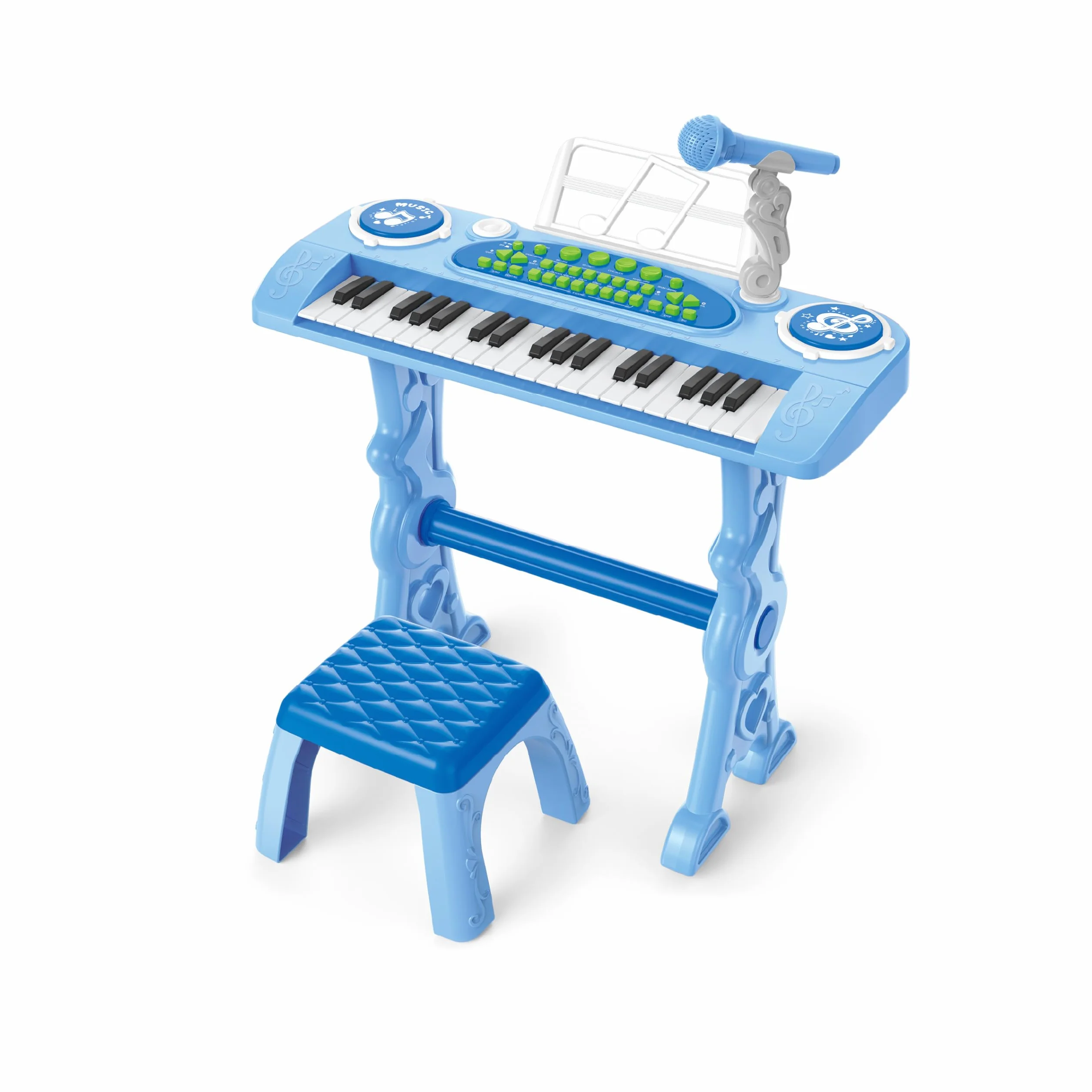 Baroni Toys Tastiera Elettronica con Sgabello per Bambini 3+ Anni con Microfono, Pianola Musicale con Melodie e Suoni Educativi, Tastiera 37 Tasti con Sedia Azzurra, 48x20x53cm