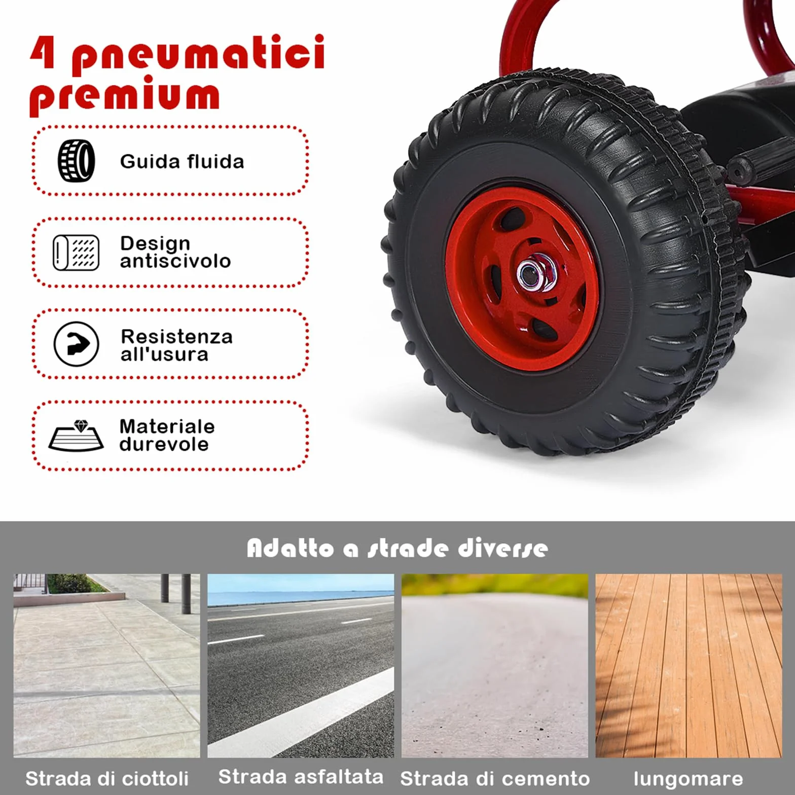 COSTWAY Go Kart a Pedali per Bambini, Veicolo con Sedile Regolabile e Freno a Mano, Portata 30 kg Rosso