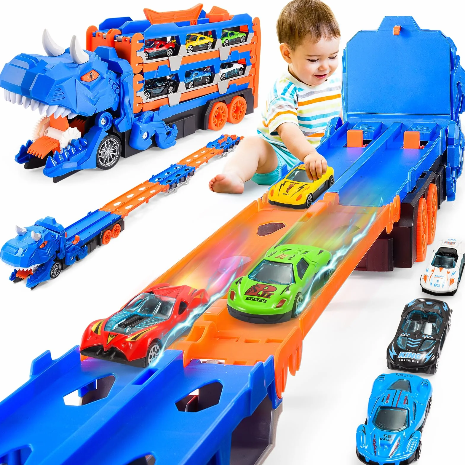 iKidiki Dinosauri Camion Macchinine per Bambini, Gioco Bambino 2 3 4 5 Anni Dinosauri per Bambini Regalo Bambino 2 3 4 5 Anni Camion Giocattolo per Bambini, Traccia Car con 6 Auto da Corsa in Lega