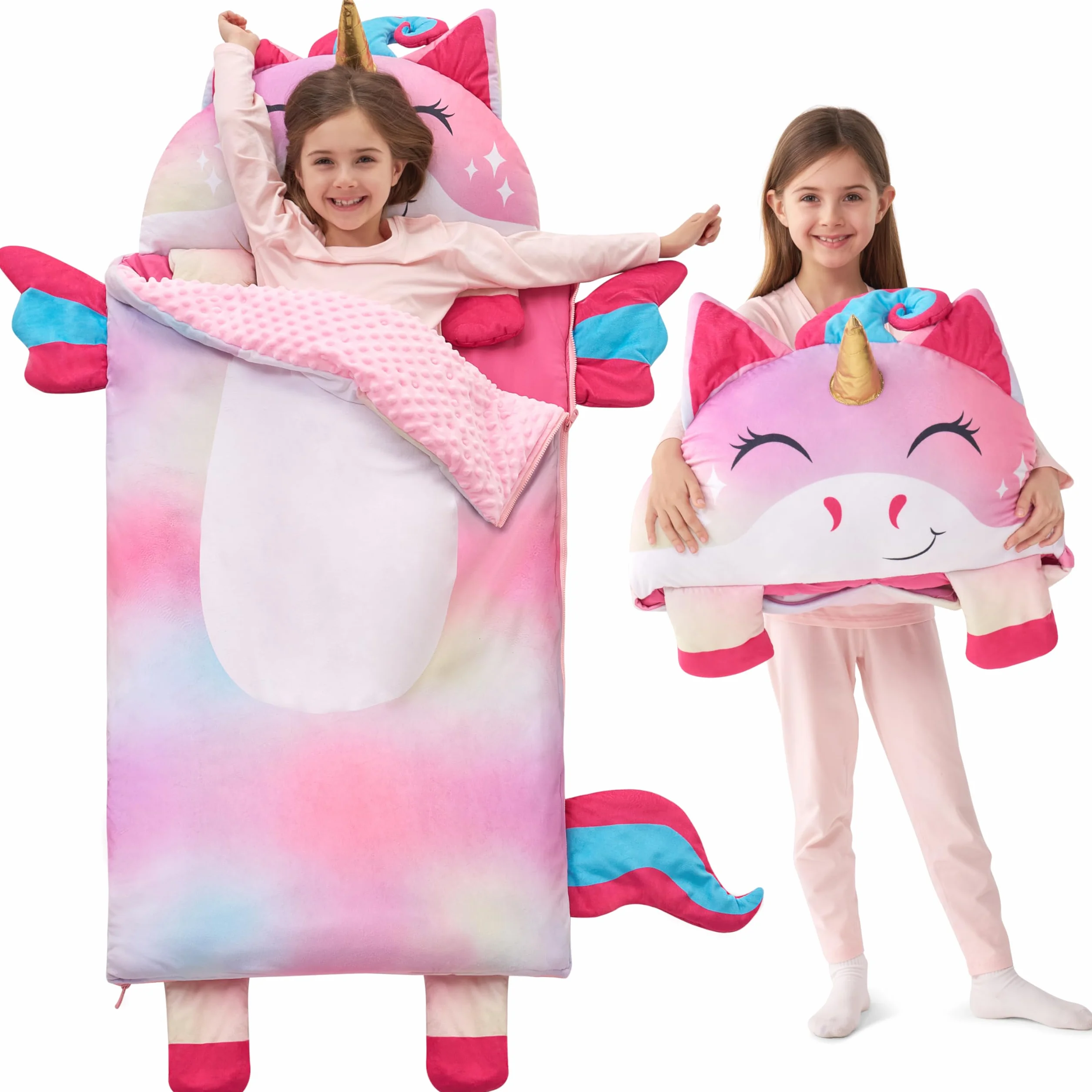 JOIEDOMI Sacco nanna a forma di unicorno colorato, 152 x 68 cm, con cerniera, cuscino e coperta - Dai 3 anni in su - Sacco nanna per bambini piccoli - Per bambini e bambine in età prescolare