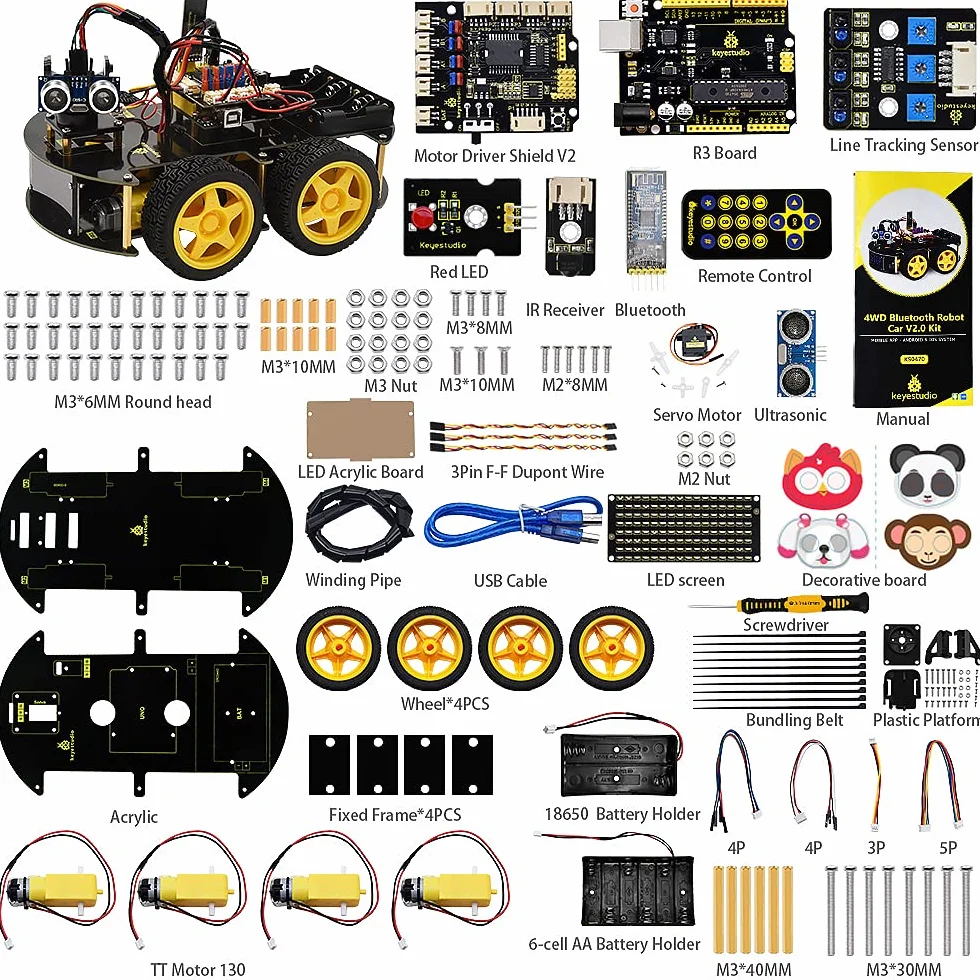 KEYESTUDIO 4WD Robot Car Starter Kit per Arduino R3, Bluetooth IR Remote Control, Line Follow, Evitare ostacoli, ecc Programmazione Robotica Kit per per 14+ adolescenti bambini e adulti