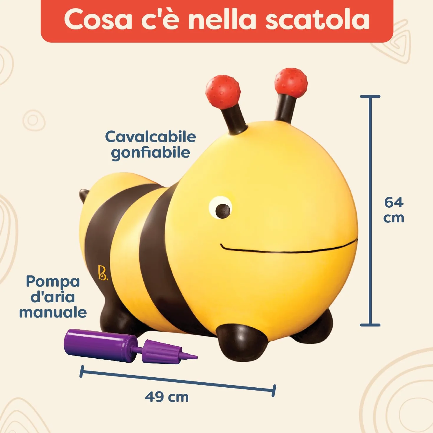 B. toys - Bouncy Boing! - Bizzi - Sdraietta ape cavalcabile - Giocattolo gonfiabile per animali - Salterello gonfiabile per bambini, ragazzi e bambini - Saltare e rimbalzare - Pompa dell'aria inclusa