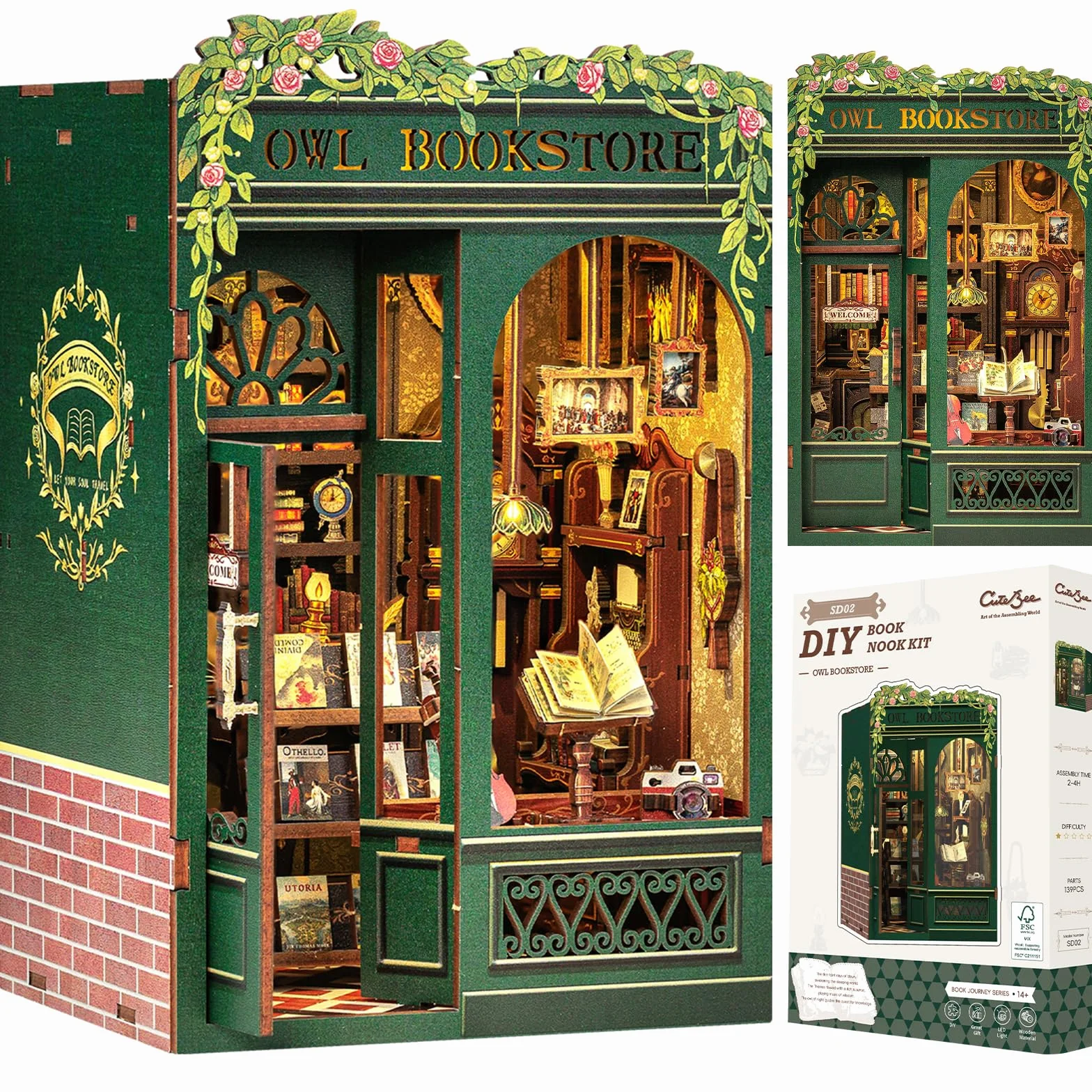 CUTEBEE Book Nook Kit - Casa Bambole in Miniatura da Costruire, Own Bookstore Booknook Puzzle in Legno 3D, Set Creativo per la Decorazione della Libreria, Regali per Familiari e Amici