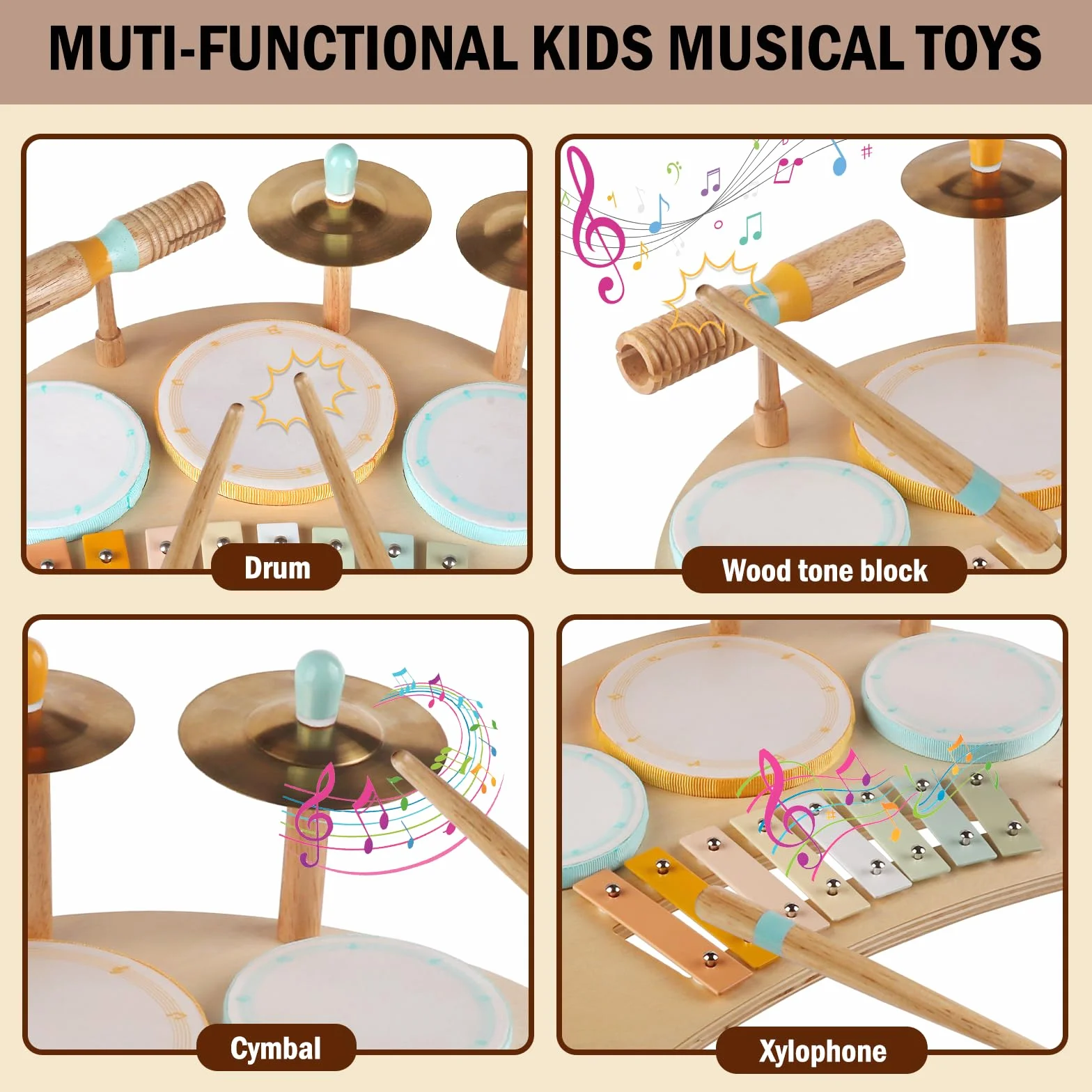 Set di Tamburi e Xilofono per Bambini da 1,5 a 3 anni, Strumenti Musicali, Maschi e Femmine - Regali per età 1,5, 2, 3+ (Neutro)