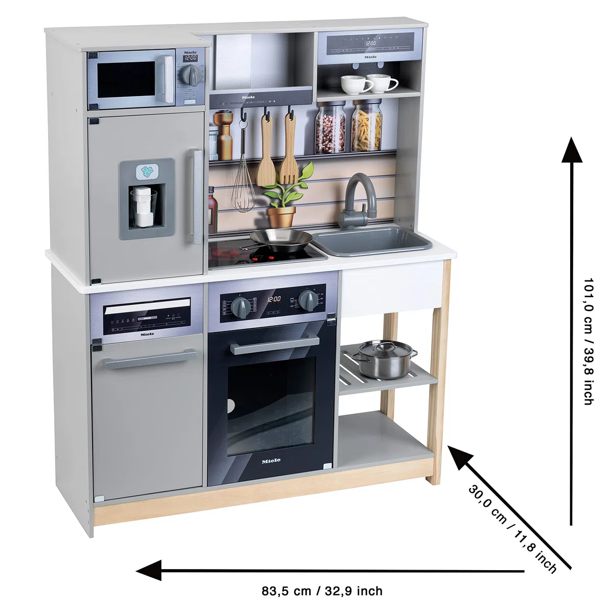 Theo Klein Cucina familiare Miele, in Legno con Fornello, Funzione Luci e Suoni, Forno a Microonde, Frigorifero con distributore di Cubetti di Ghiaccio, Accessori da Cucina, Giocattoli per Bambini 3+