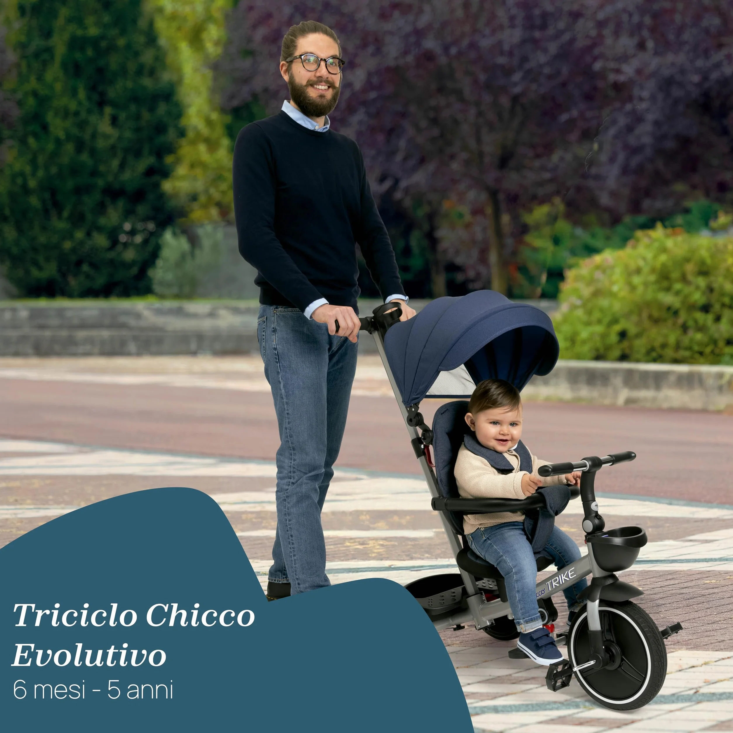 Chicco Triciclo 4in1 Evolutivo 6 Mesi-4 Anni, Ruote Gomma EVA, Maniglia Telescopica, Freno