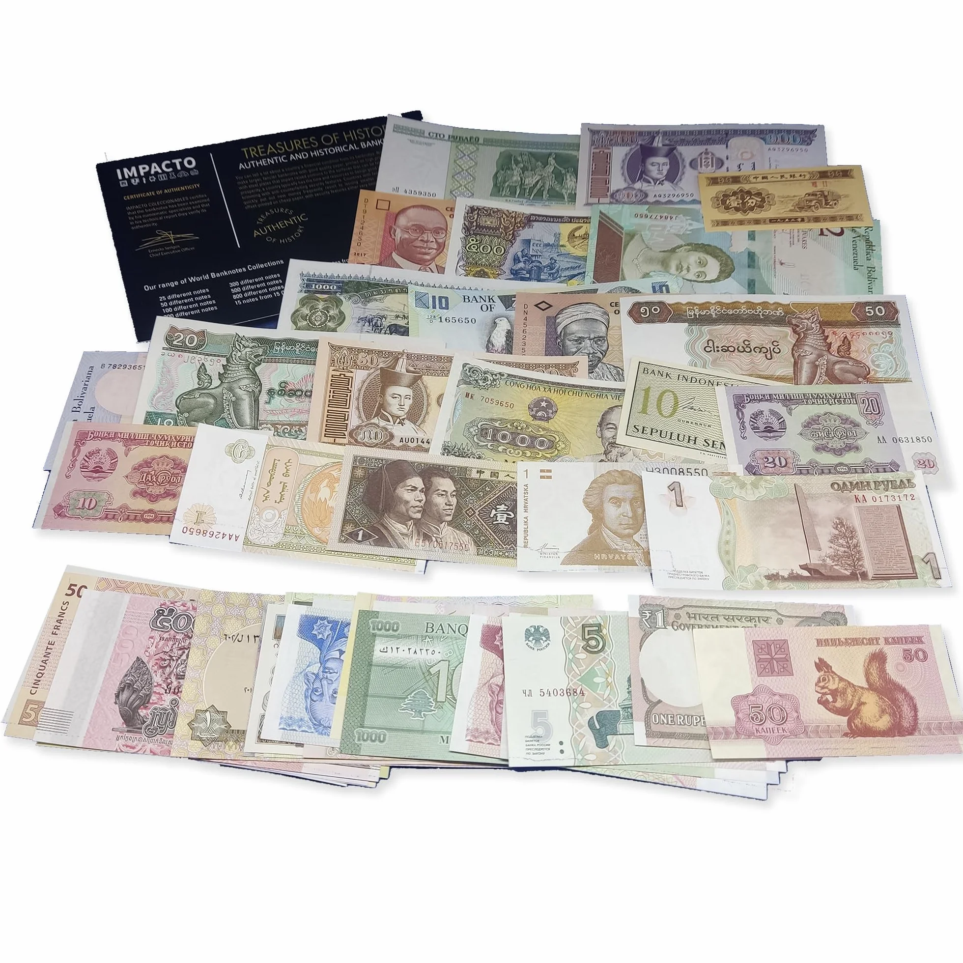 IMPACTO COLECCIONABLES | Collezione di 50 Banconote Autentiche del Mondo – Senza Duplicati, Fuori Corso e provenienti da Diversi Paesi | Ideale per Collezionisti, Include Certificato di Autenticità