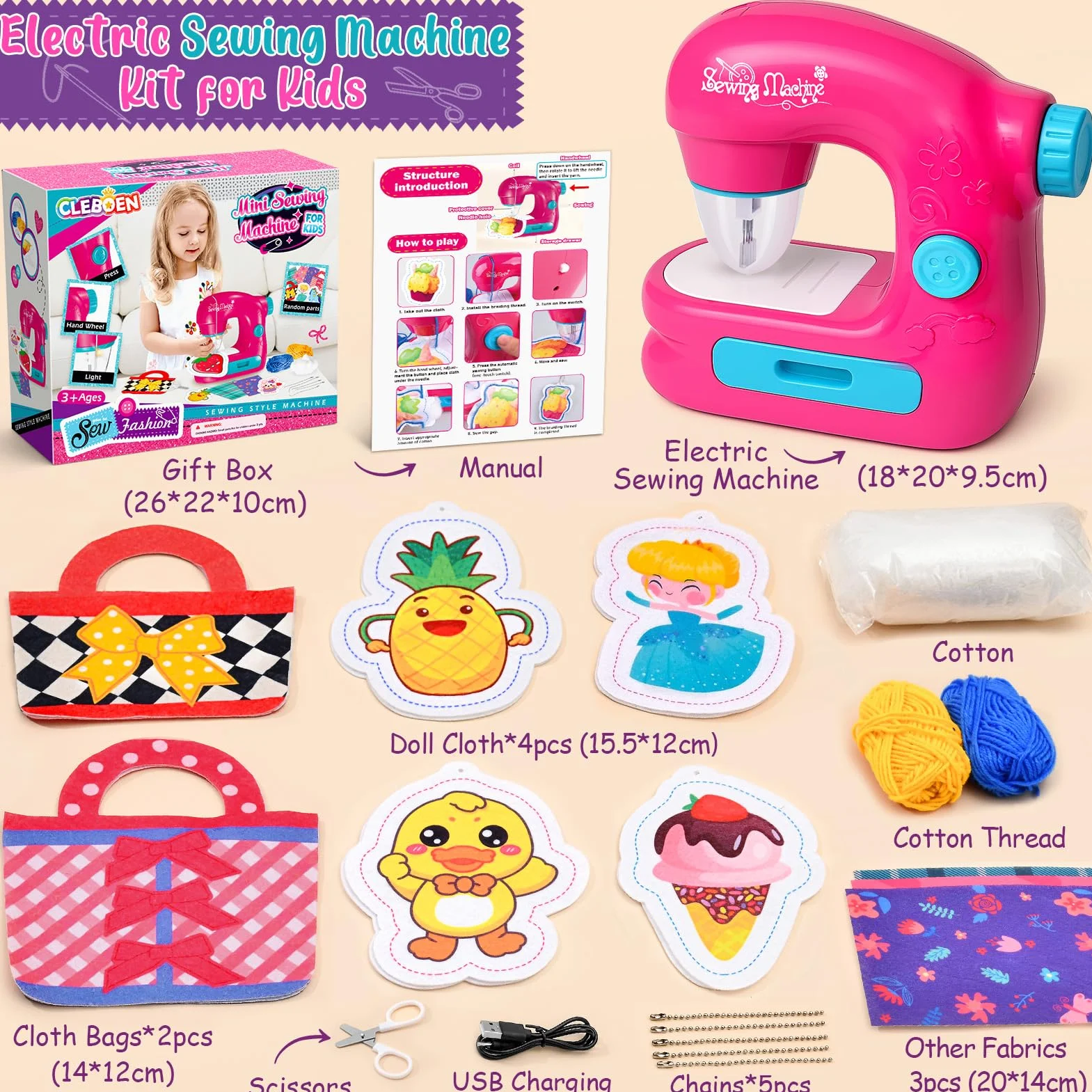 vamei Mini Macchina da Cucire Bambina, Sewing Machine Elettrica con Tessuti, Fili, Accessori Completi, Kit Cucito Bambini, Kit Lavoretti Creativi per Bambini, Regalo Bambina 3+ Anni