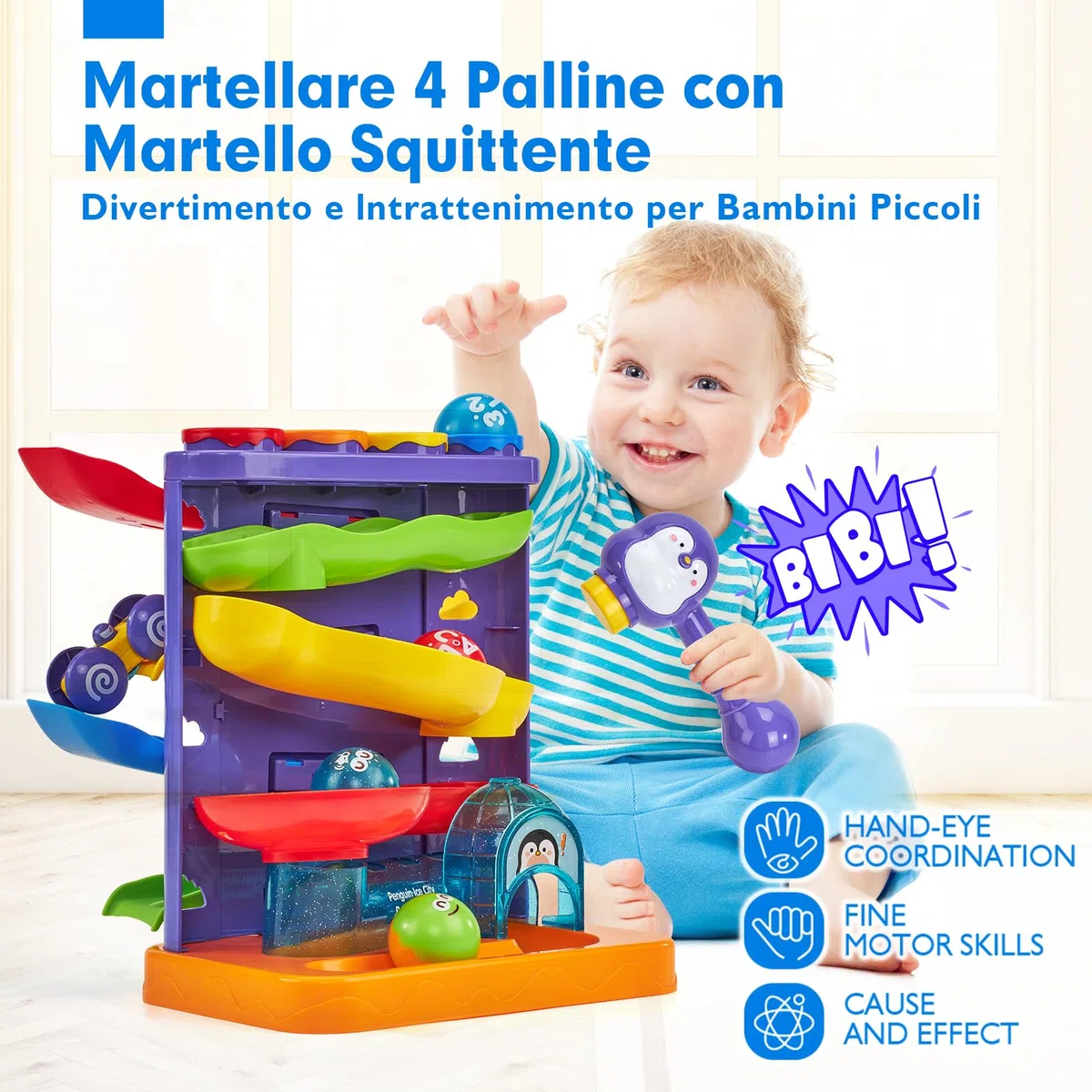 hahaland Giochi Bambini 1 Anno Maschio - Palla Giocattolo 2 in 1 e Rampa per Auto Pista Giocattoli Educativi Montessori con Martello/4 Palline/4 Macchinine, Regali per Bambini di 1 2 3 Anni