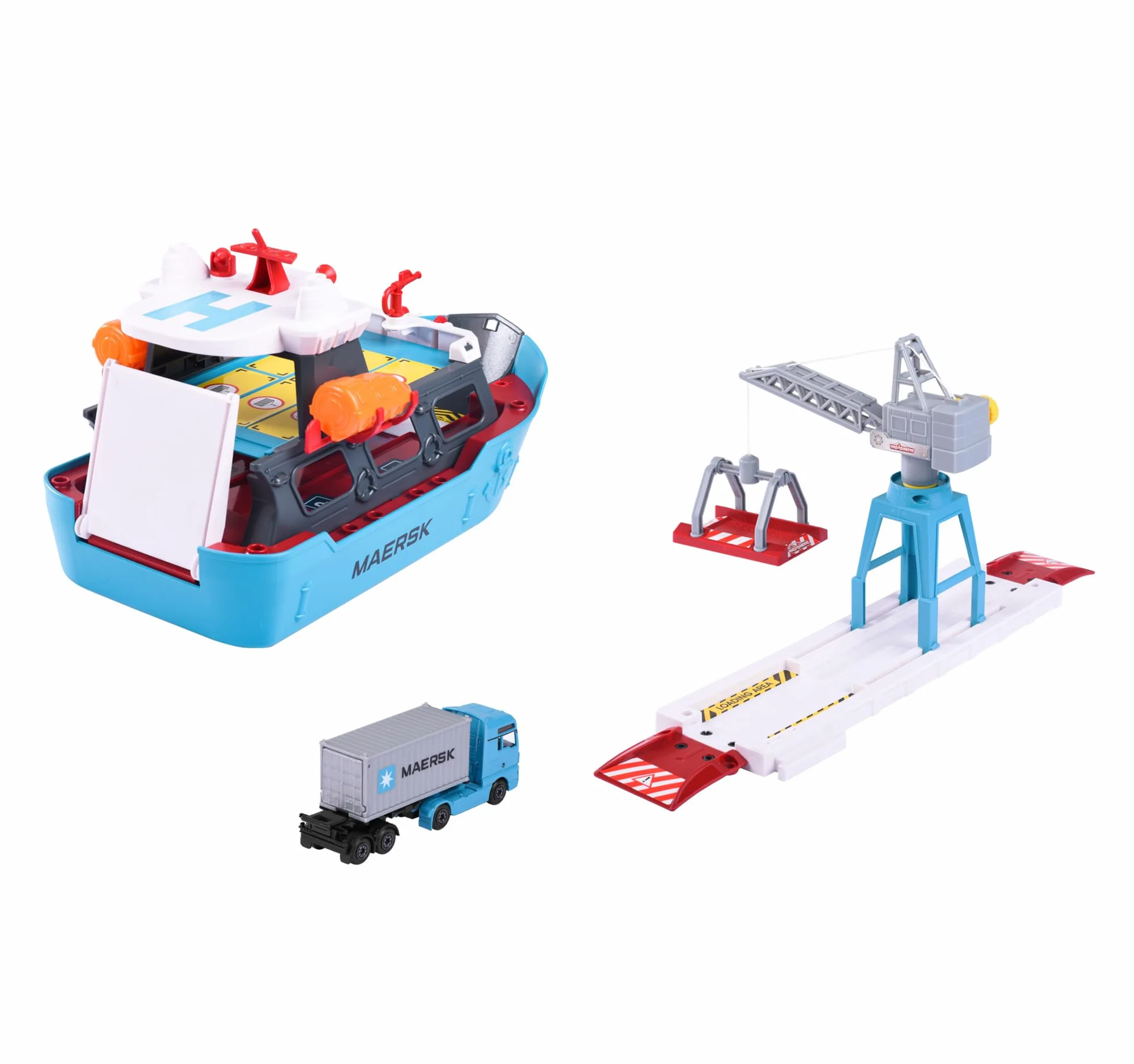 Majorette - Creatix Nave Container MAERSK, 212050039, +3 anni, playset con nave e piattaforma di carico con gru, incluso un camion con container, con due barche di salvataggio, misura 52 cm