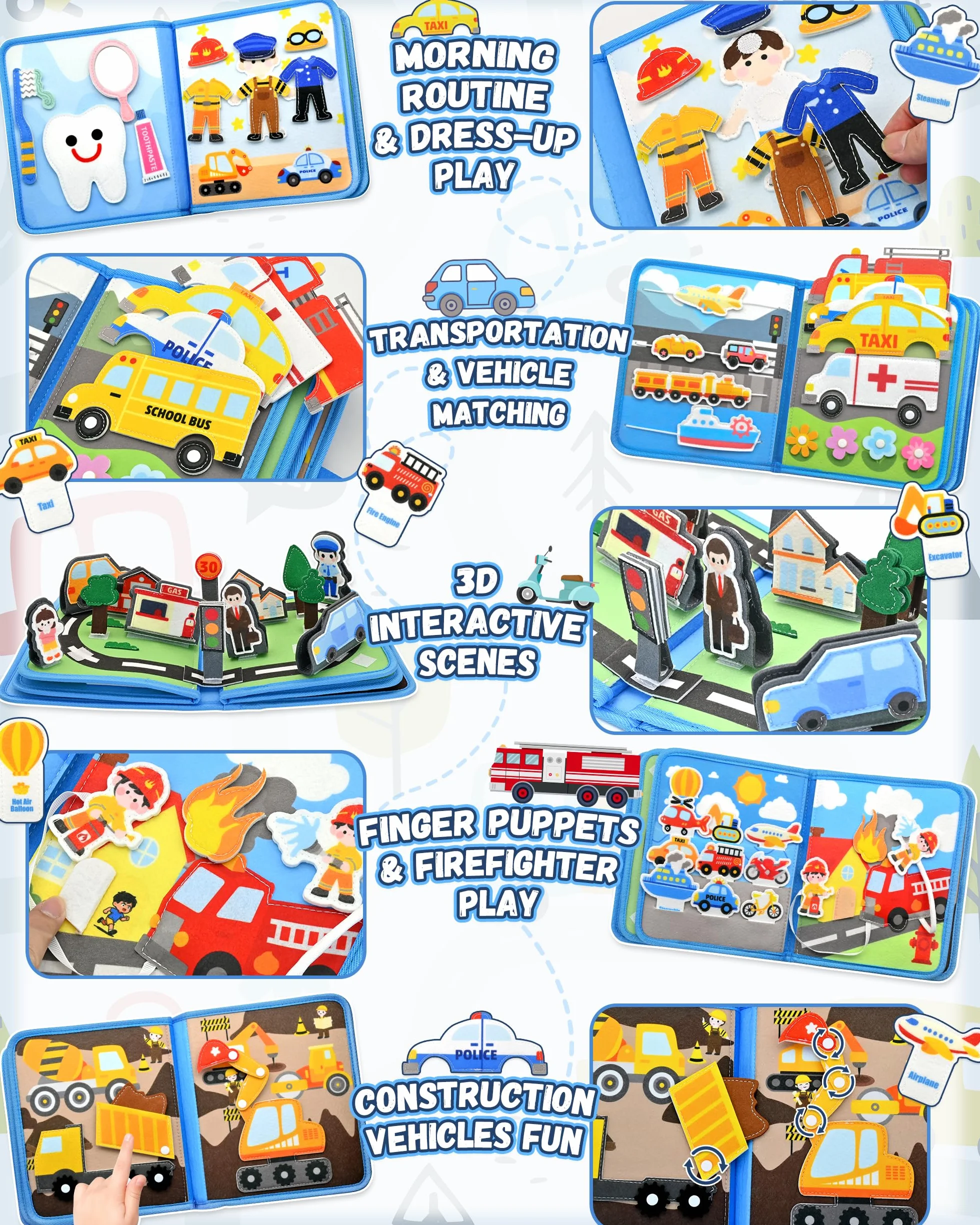 Libro Montessori Interattivo 1 Anno – Busy Board Sensoriale Educativo con Tema di Trasporto, 10 Pagine di Attività, Giochi Montessori per Bambini 1-3 Anni, Regalo Didattico e Creativo