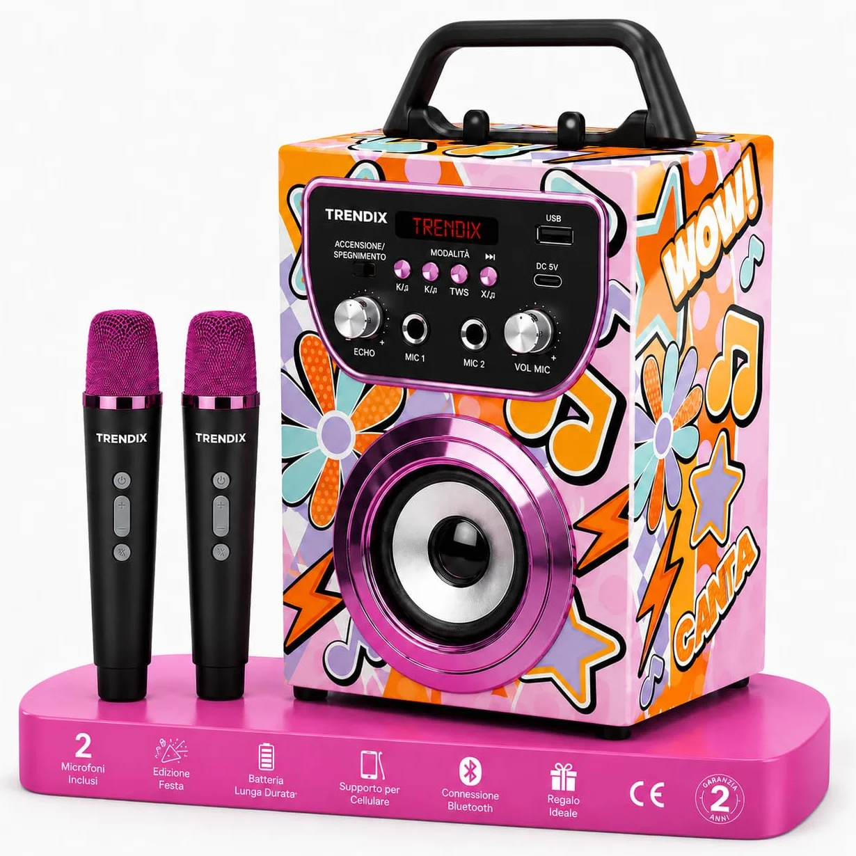 Trendix - Karaoke Per Bambini Magic Melody | Cassa Bluetooth Con Microfono, Radio Fm, Usb | Cassa Karaoke Con 2 Microfoni | 2 Microfoni Bluetooth | Regalo