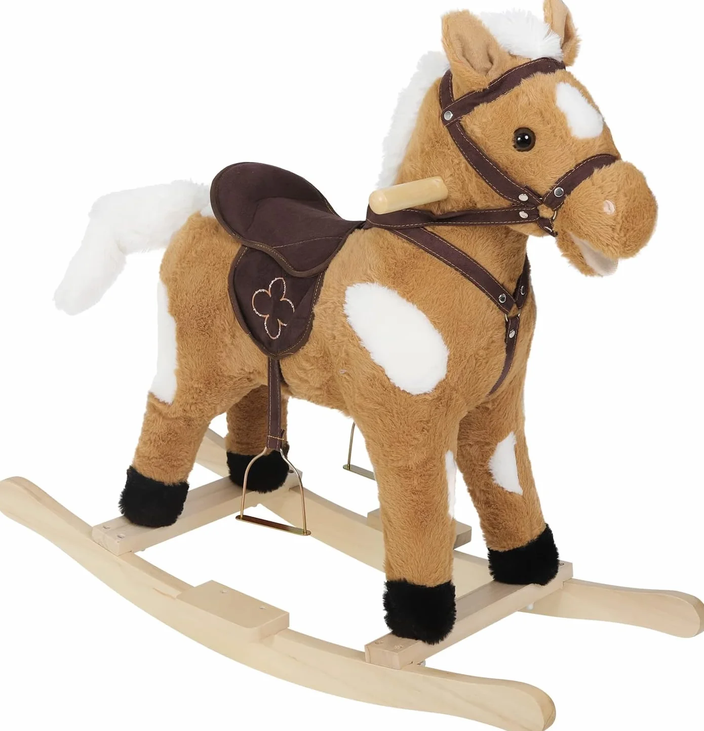 WOLTU Cavallo a Dondolo in Legno per Bambini, Cavalluccio Cavalcabile in Peluche con Suoni, Giocattolo Regalo per Bimbi 1/2/3 Anni, Marrone e Bianco