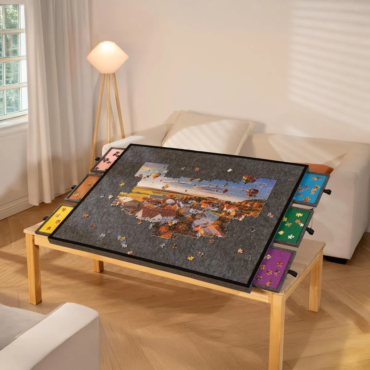 Tektalk Tavolo puzzle pieghevole con coperchio, 3 angoli di inclinazione, in feltro leggero e portatile, con 6 cassetti di classificazione, per fino a 2000 pezzi, grigio scuro