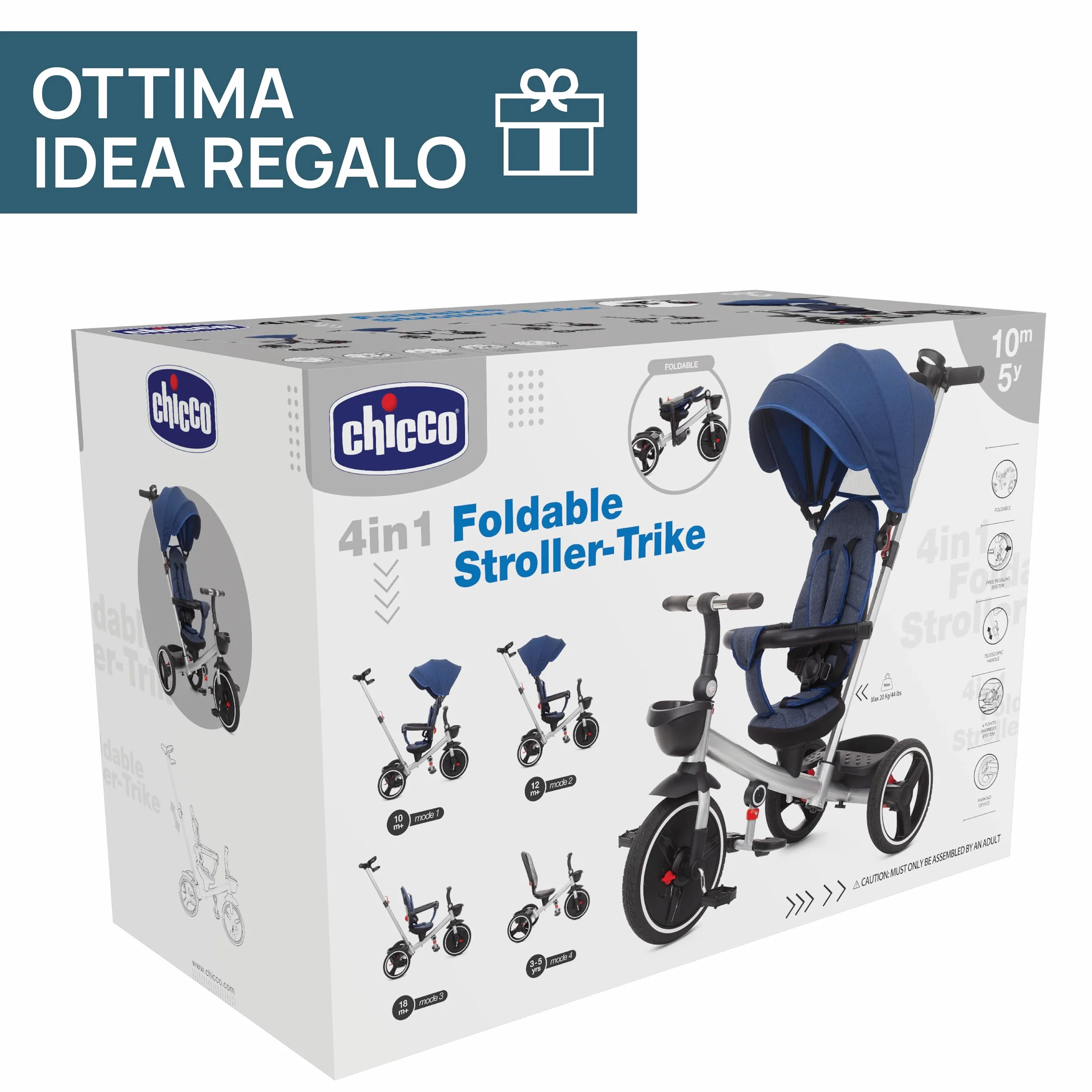 Chicco Triciclo 4in1 Evolutivo 6 Mesi-4 Anni, Ruote Gomma EVA, Maniglia Telescopica, Freno