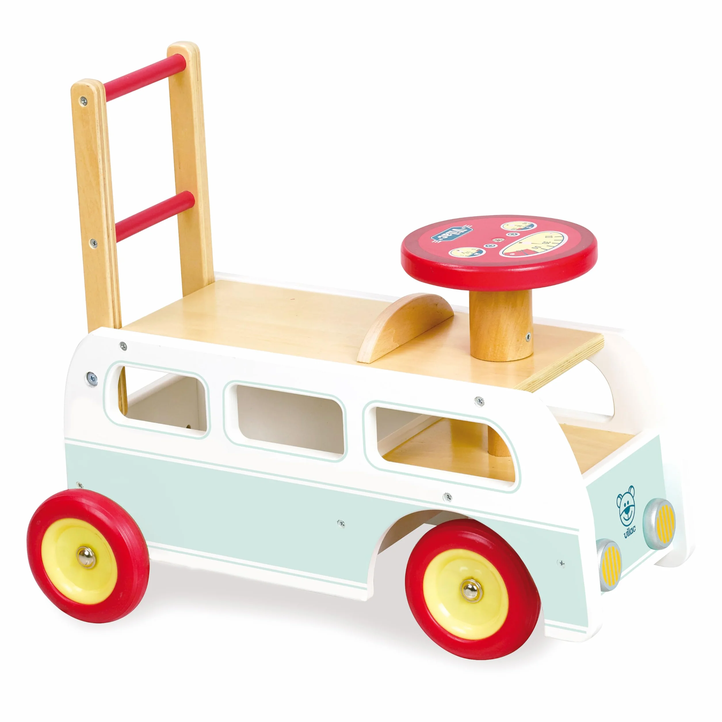 Vilac Campervan Walker 2 in 1 in legno, con scomparto nascosto, giocattolo cavalcabile, adatto per bambini dai 12 mesi in su