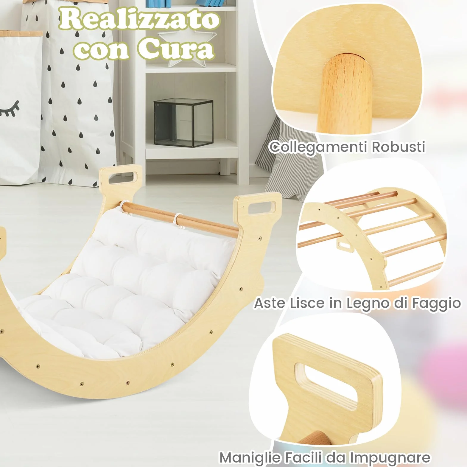 COSTWAY Arco da Arrampicata per Bambini, 2 in 1 Altalena ad Arco in Legno con Cuscino Morbido, Doppia Faccia, Ideale per Bambini 1+ Anni (Naturale)