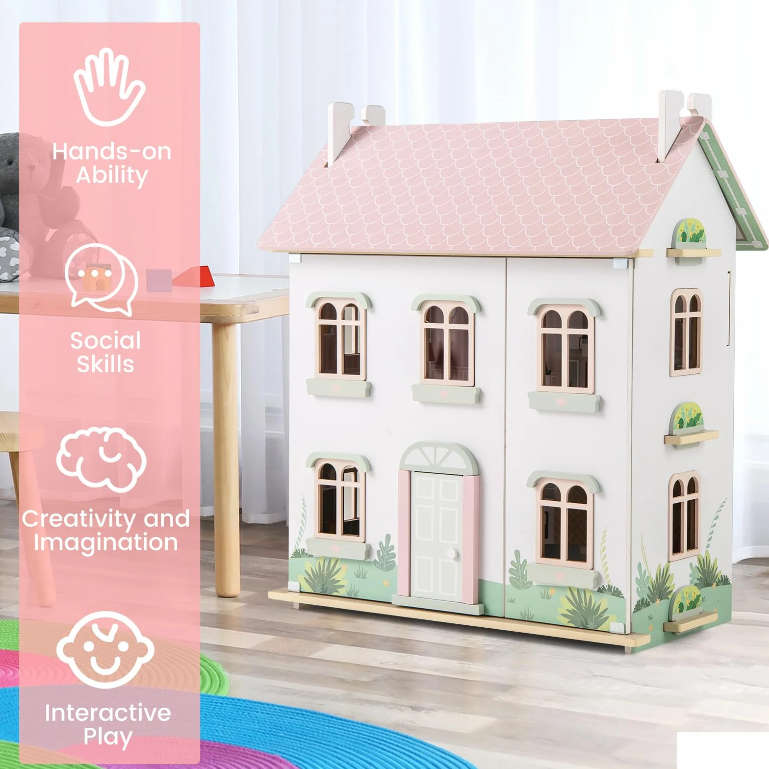HOMASIS Casa delle Bambole per Bambini a 3 Piani, Casa da Sogno per Bambole in Legno con Mobili, Accessori, Tetti a Doppia Faccia, Villa delle Bambole di 3+ Anni, 55 x 33,5 x 66 cm, Rosa