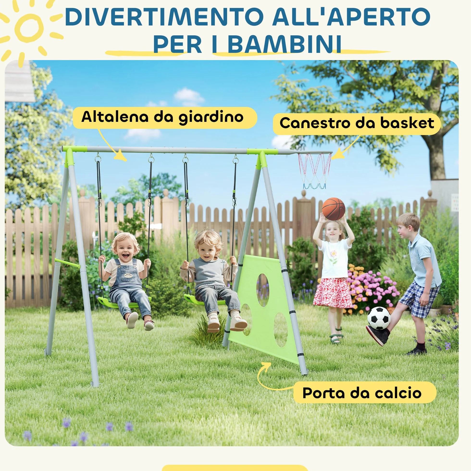 AIYAPLAY Set Altalena da Giardino per Bambini 3 in 1 con Altalena per Bambini, Canestro da Basket e Porta da Calcio, Gioco per Bambini 3-8 Anni con Telaio ad A in Metallo per Uso Esterno, Carico 90kg