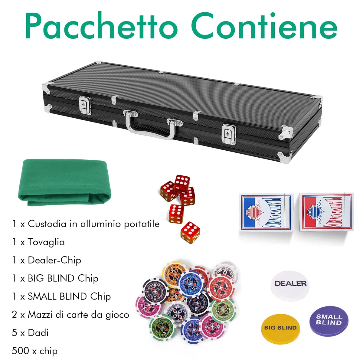 RELAX4LIFE Set Poker 500 Pezzi Custodia Alluminio Rigido Carte Dadi Tessuto Gioco Pulsante Dealer Argento