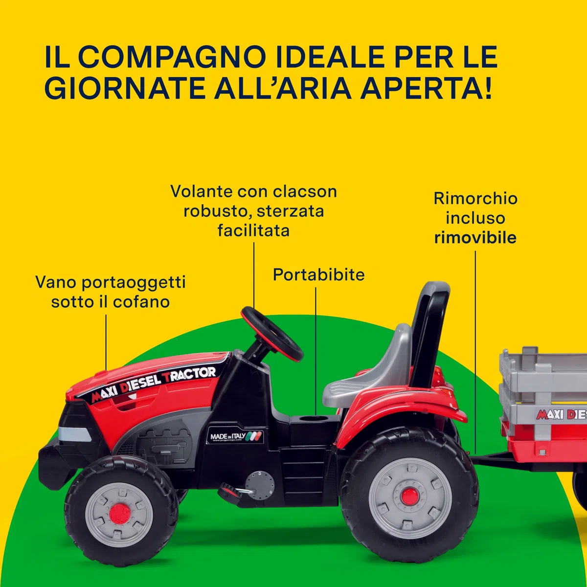 PEG Maxi Diesel Tractor Trattore a Pedali per Bambini con Rimorchio Rimovibile Sedile Regolabile