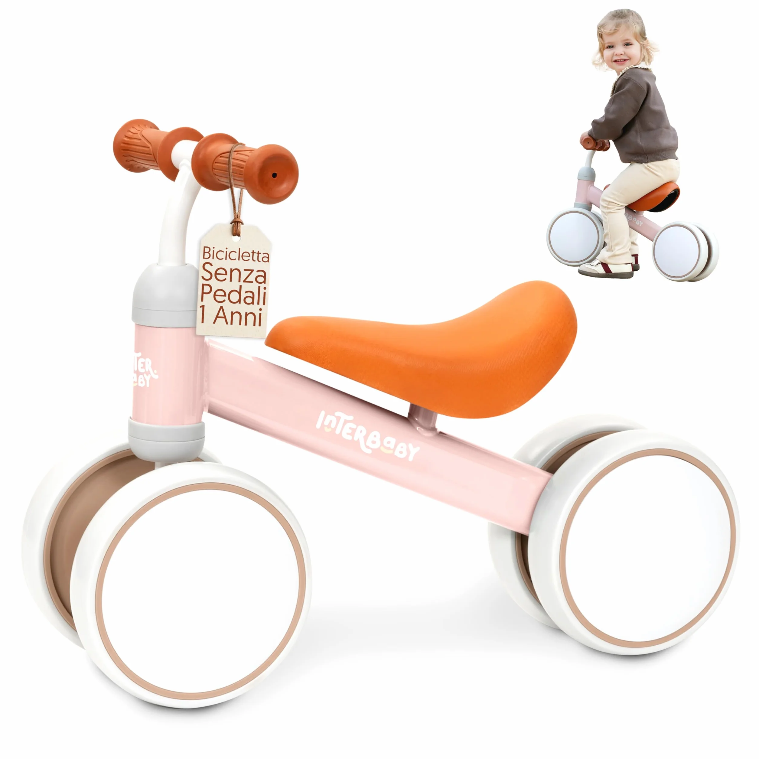 Interbaby | Bicicletta senza Pedali Bambino 1-3 Anni - Bici senza Pedali per Bambini 12-36 Mesi, Primi Passi Bambino Sicuro 4 Ruote, Prima Bici Bimbo 1-2 Anni, Regalo Bambino 1 Anno (Rosa)