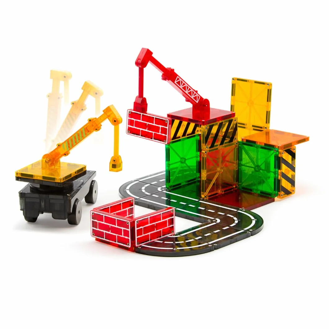 Magna-Tiles Builder - Cassetta magnetica da 32 pezzi, con pannelli stradali, gru e veicoli, dai 3 anni in su, giocattolo STEAM per la costruzione creativa, kit compatibile