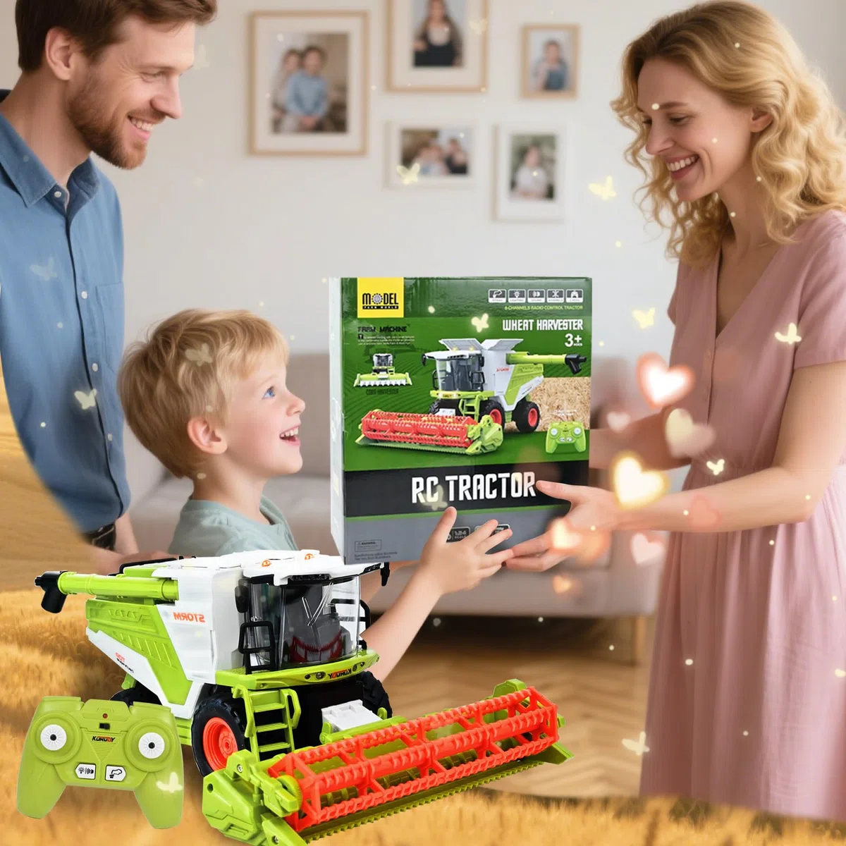Joellfuner Mietitrebbia Telecomandata, RC Trattore Telecomandato, Mietitrice con Funzione Luce Suono e Spray, Trattore Agricolo Include Rimorchio, Giocattoli da Collezione per Bambini dai 3 Anni