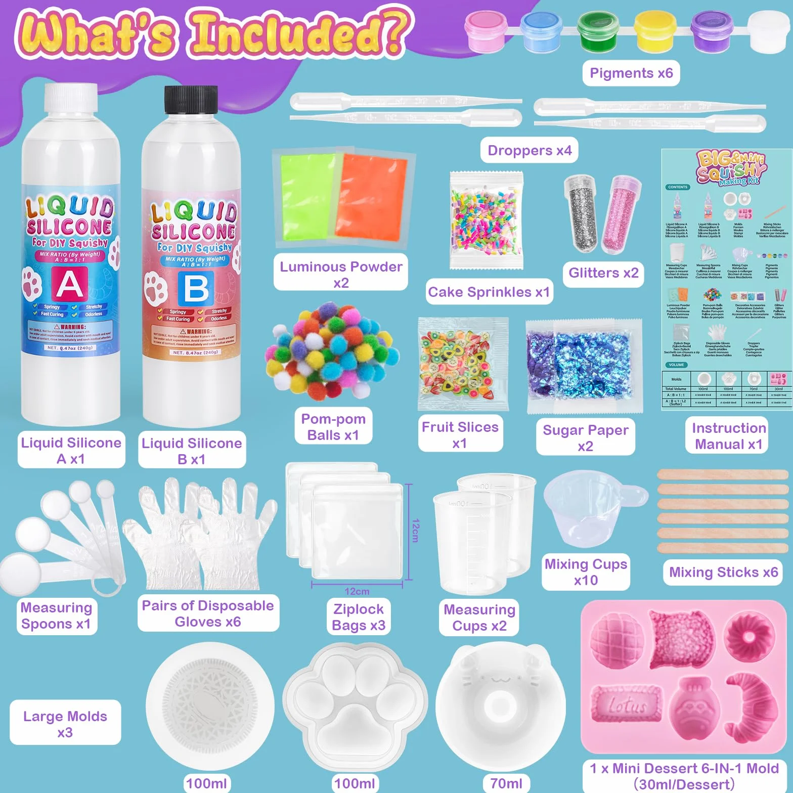 Silicone Liquido Luminosi Fai Da Te 480ml 1:1 AB Squishy Gomma Siliconica 9 Stampi e Accessori Giochi Sensoriali Antistress Regali Bambini 6+