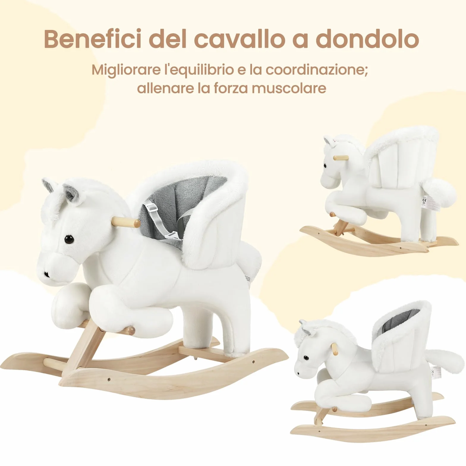 WOLTU Cavallo a Dondolo in Legno per Bambini 1-3 Anni, Cavalluccio in Peluche Cavalcabile con Suoni, Cintura di Sicurezza e Schienale Alto, Giocattolo Regalo per Bambino e Bambina, Bianco e Grigio