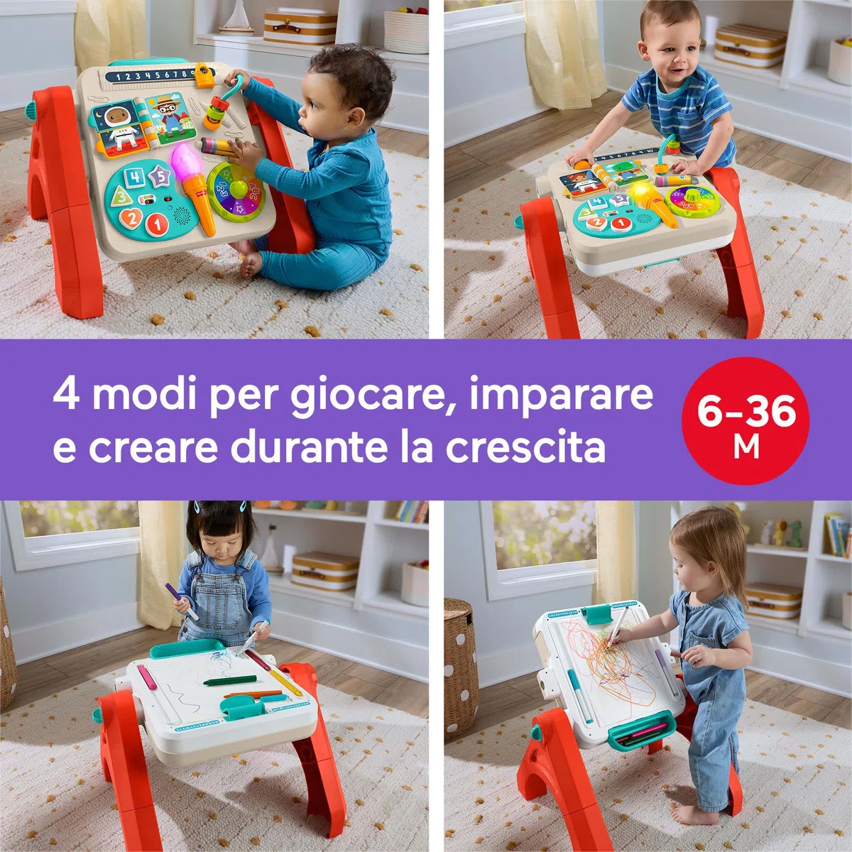 Fisher-Price - Tavolino attività 4 in 1, Pannello interattivo e cavalletto d'Arte, con luci, Suoni e canzoncine, Versione Italiano +ES+in+PT, Giocattolo per Bambini, 6+ Mesi, JGW89
