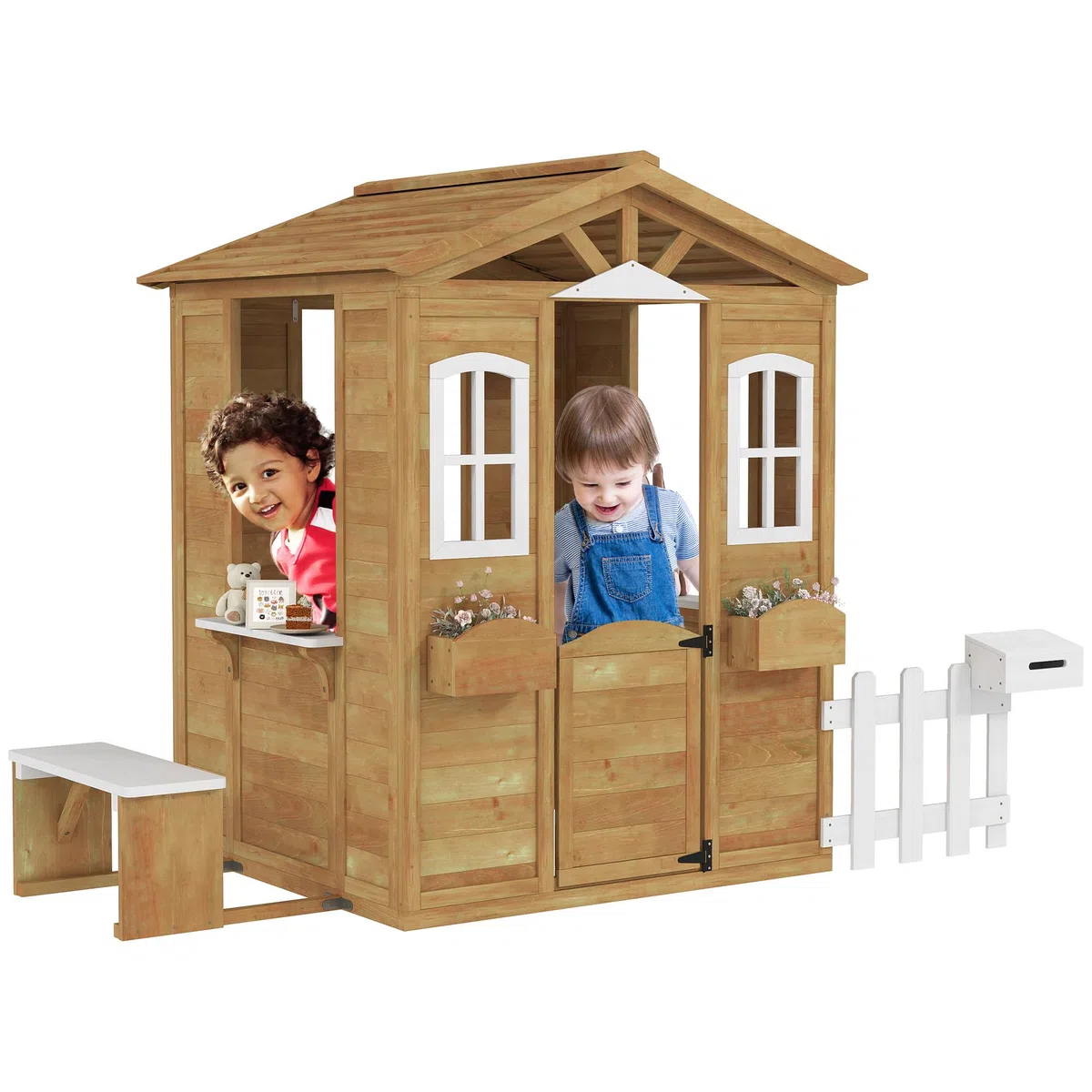 Outsunny Casetta Bambini Legno Giardino con Finestre Staccionata Portavasi Panca 205x119x140 cm