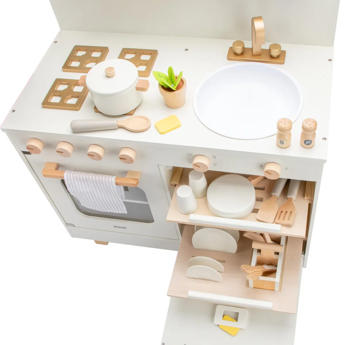 Woet® Cucina Giocattolo in Legno con Lavastoviglie per Bambini - Forno, Lavandino e 23 Accessori - Set Chef di Imitazione - Dai 3 Anni in Su