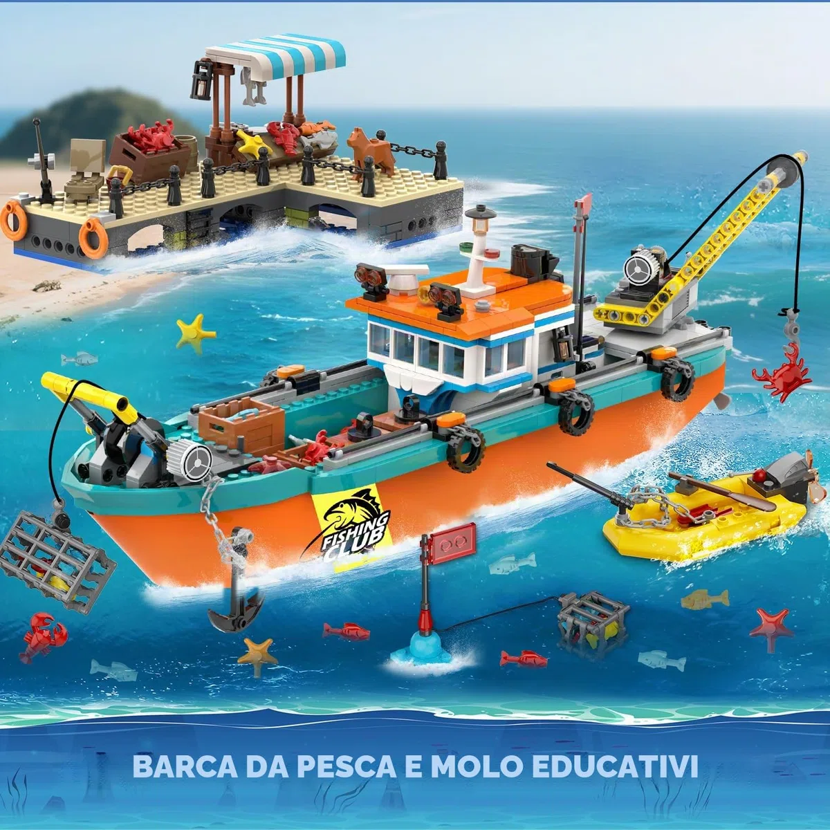 HiWEEGO Città barca da pesca cantiere navale – kit costruzione galleggiante oceano gru container, giocattolo regalo compleanno 6 7 8+