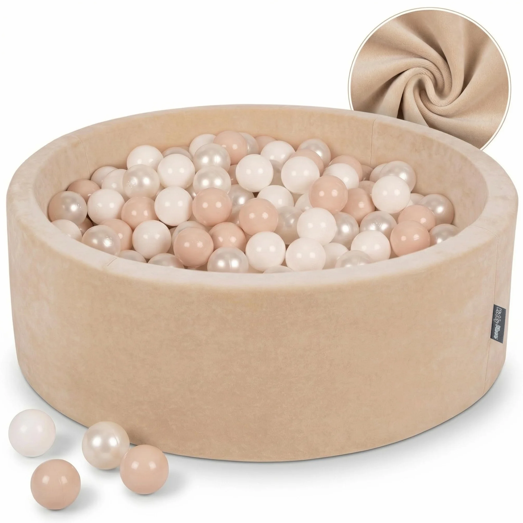 KiddyMoon Velluto Piscina Di Palline 90X30cm/200 Palline ∅ 7CM Per Bambini Tondo, Beige Sabbia: Beige Pastello/Bianco/Perla