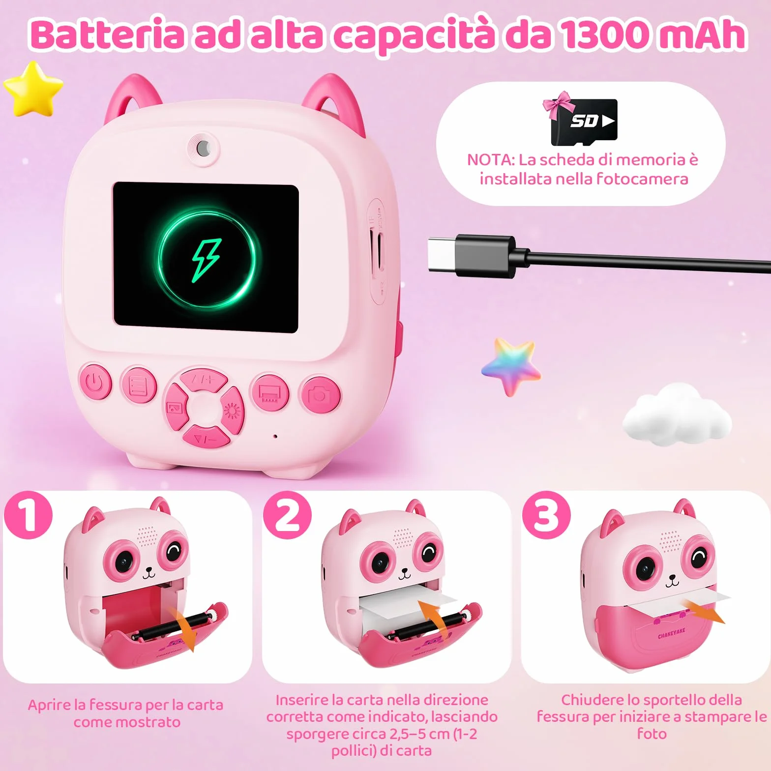 CHAKEYAKE Macchina Fotografica Bambini Istantanea, AI Riconoscimento Vocale E Immagini, Schermo da 2,4 Pollici, Funzione Foto & Video, Adesivi Creativi E Filtri, Regalo Per Ragazzi Ragazze, Rosa