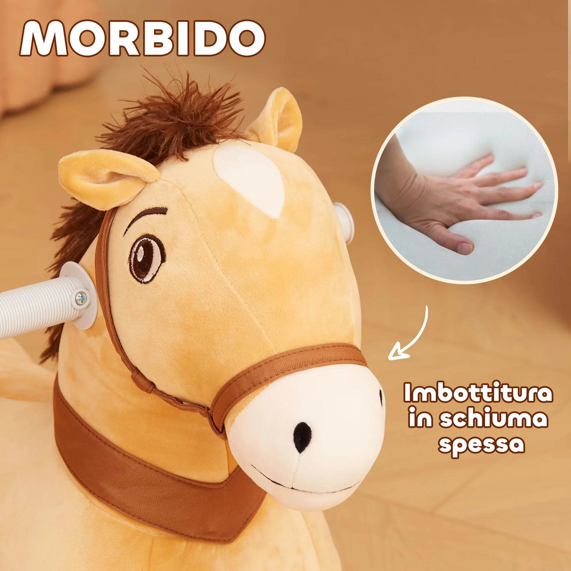 AIYAPLAY Cavallo a Dondolo Elettrico 6V per Bambini da 18-36 Mesi con Musica e Ruote, Cavalluccio a Dondolo Cavalcabile in Poliestere, 69x34x53cm, Marrone