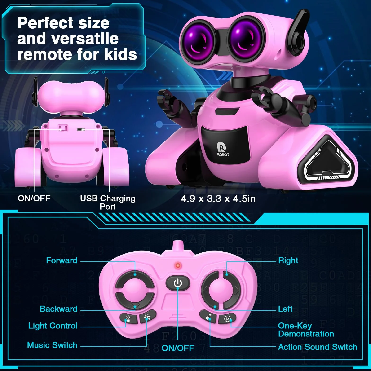 Yerloa Robot Interattivo per Bambini e Ragazze - Giochi Ricaricabili Telecomandati con Adesivo, Danza e Musica - Regalo per 3-8 Anni