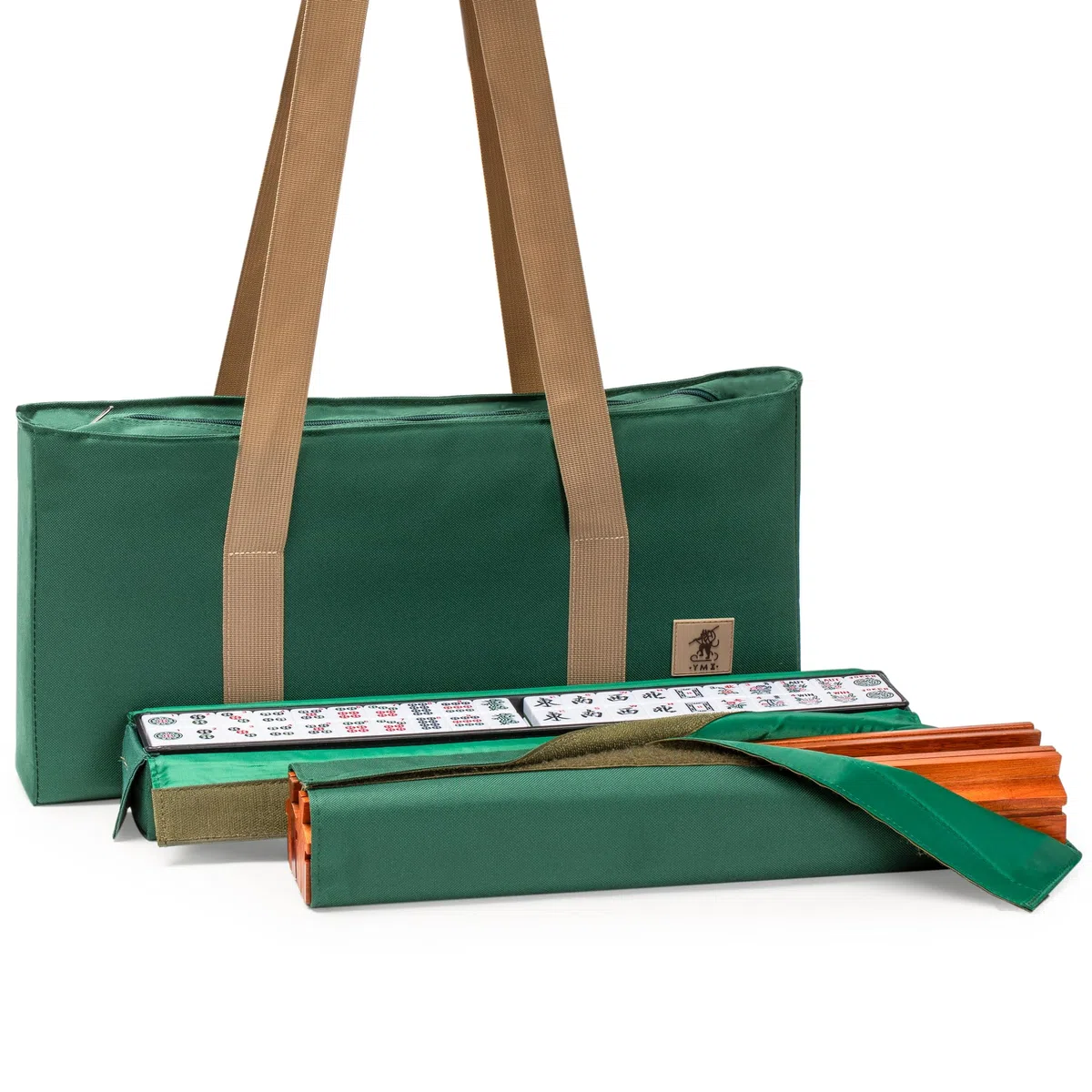 Yellow Mountain Imports Huntington Set di mahjong americano custodia morbida verde oliva 4 rack spingitori dadi monete punteggio