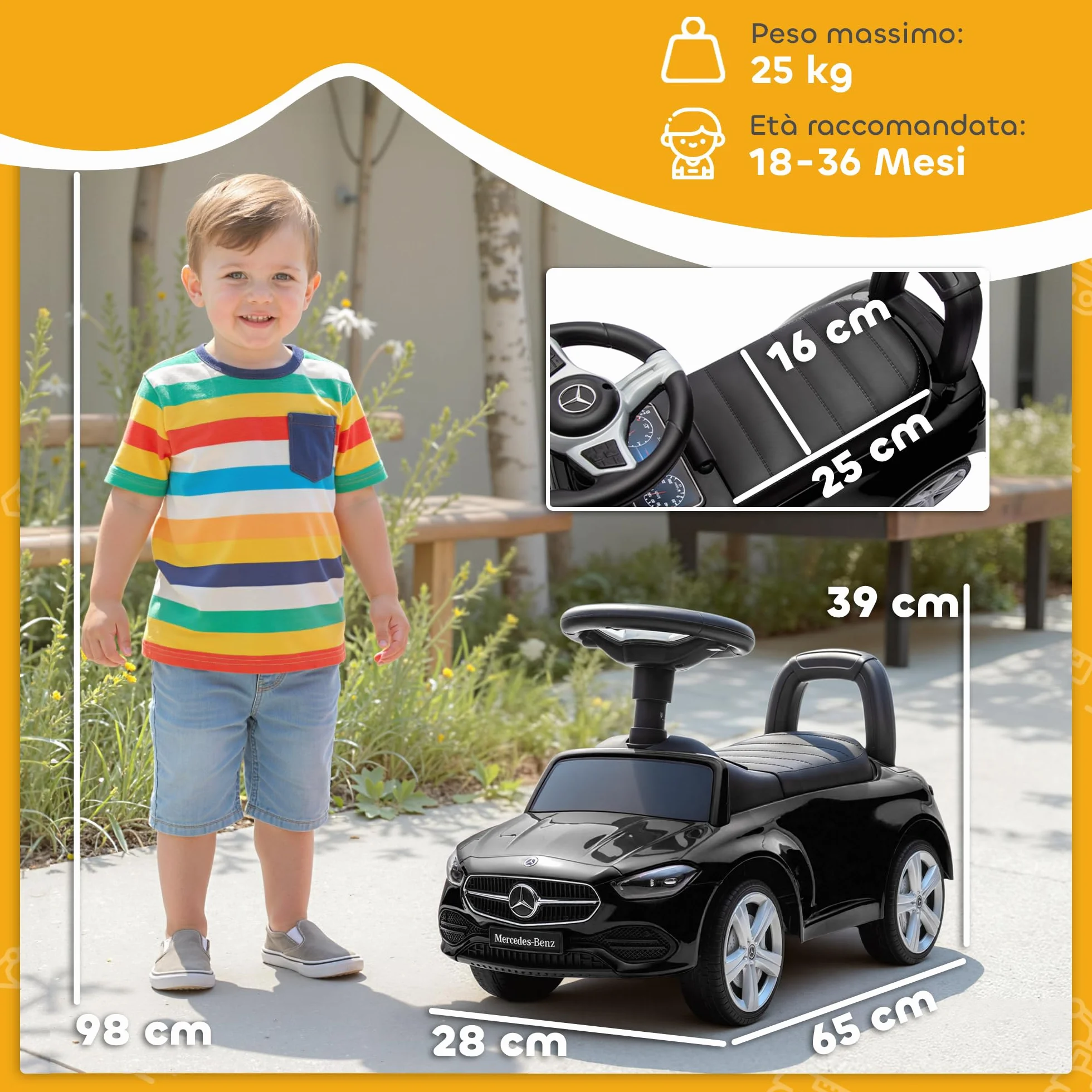 AIYAPLAY Macchina Primi Passi per Bambini Licenza Mercedes Benz con Clacson e Spazio Portaoggetti, Auto per Bambini in PP e Acciaio, 65x28x39 cm, Nero