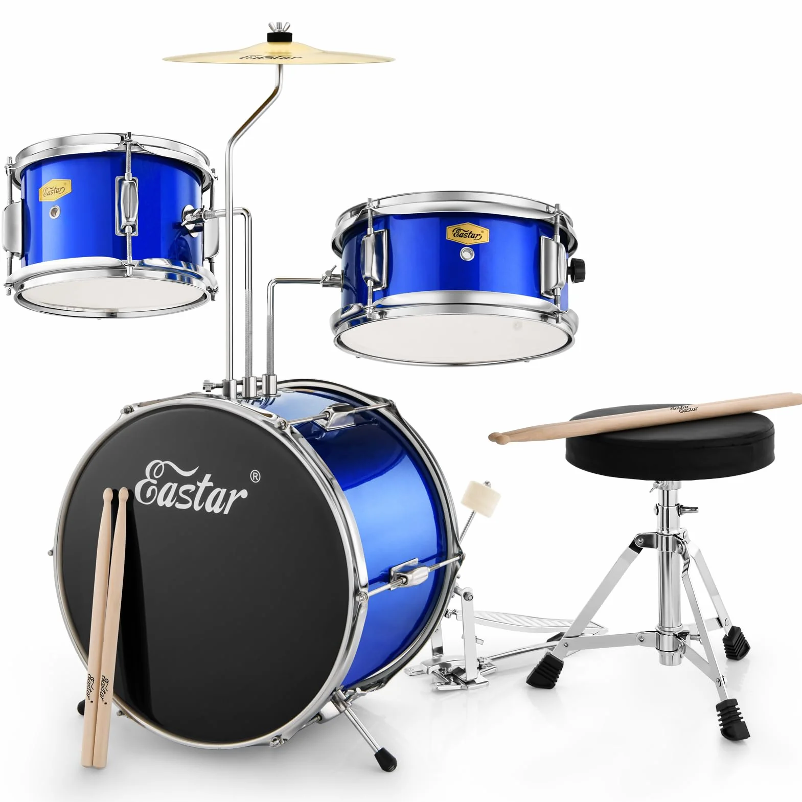 Eastar Batteria per Bambini per età 3-10 Anni, Junior Drum Set con Rullante, Tom, Grancassa, Pedale Grancassa (Specchio Blu)