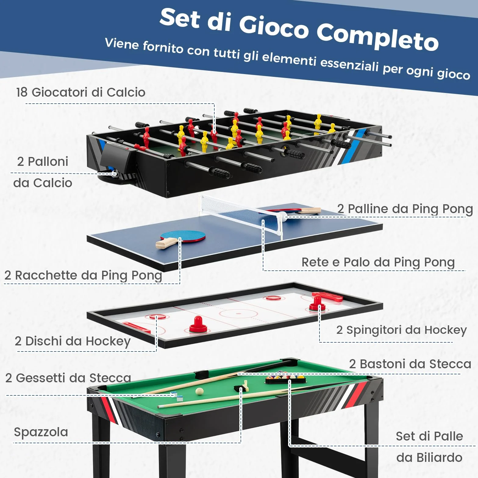 COSTWAY 4 in 1 Tavolo Multigioco, Calcio Balilla/Tavolo da Biliardo/Ping Pong/Air Hockey, Calcetto Multigioco Impilabile per Casa Feste Bar, 125x97x83 cm