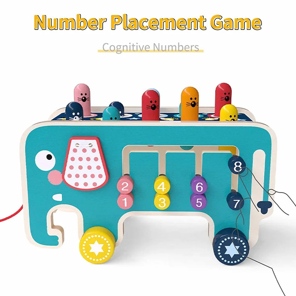 NUKied Giocattoli di Legno a Martello con 2 Mazze|Banco di Martello Multifunzionale| Forma di Elefante Labirinto Montessori Gioco Abilità motorie