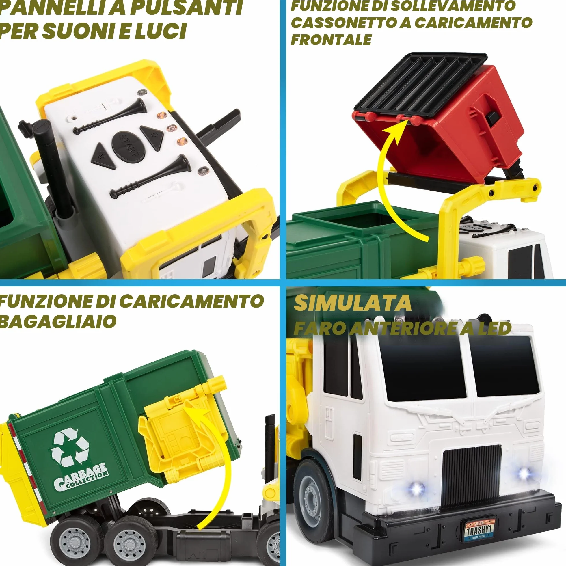 JOYIN Grande Camion Spazzatura da 40 cm, Giocattolo a Frizione con Luci e Suoni, con Pattumiera a Caricamento Frontale, 3 Bidoni Laterali con 30 Carte Pattumiera, Giocattoli per Bambini 3+(verde)