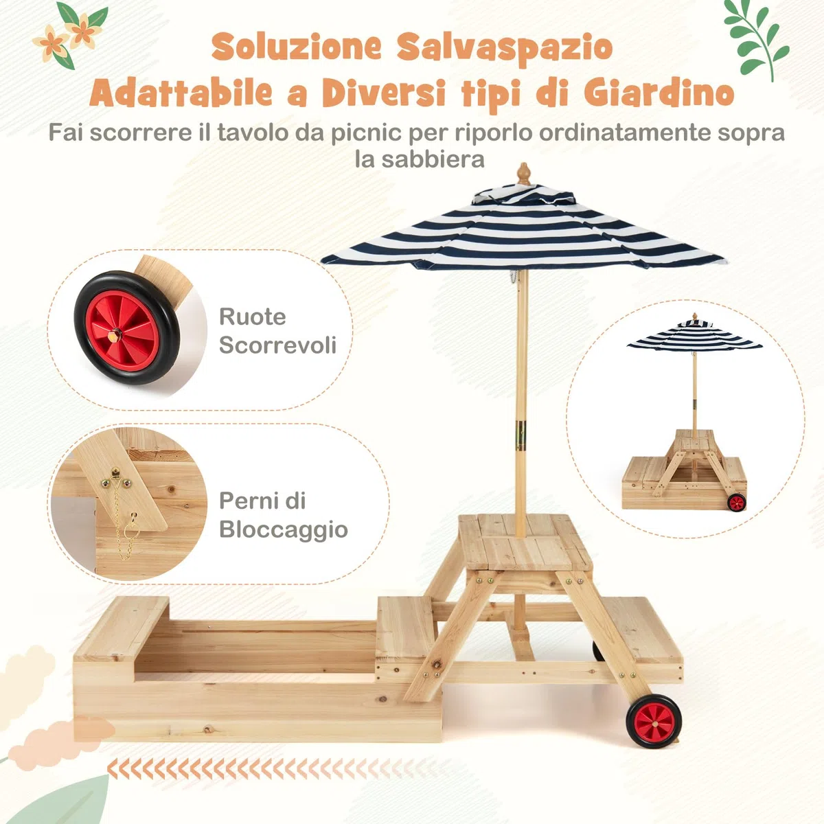COSTWAY 3 in 1 Sabbiera in Legno, Tavolo da Picnic per Bambini Trasformabile con Panche, Ombrellone Rimovibile e Ruote, Set da Gioco per Bambini 3-5 Anni, per Esterno e Giardino