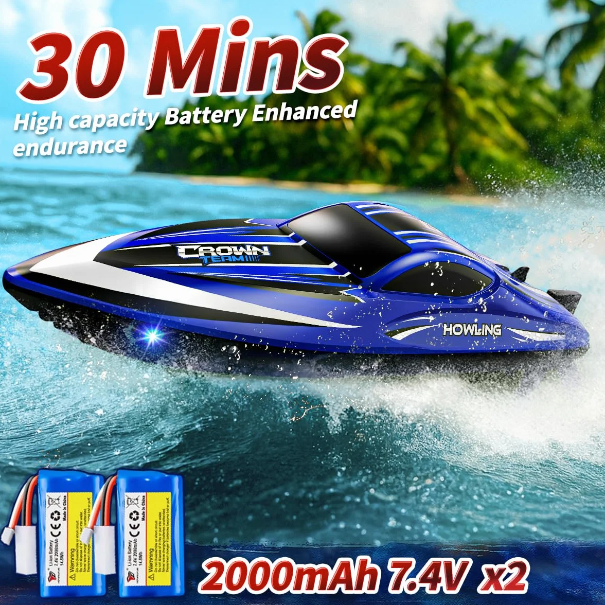 Barca Telecomandata 35 km/h con LED, Funzione Flip, Raffreddamento ad Acqua, Allarme Batteria Scarica e Distanza, 2 Batterie, Impermeabile, 2.4 GHz, per Bambini e Adulti, per Lago e Piscina