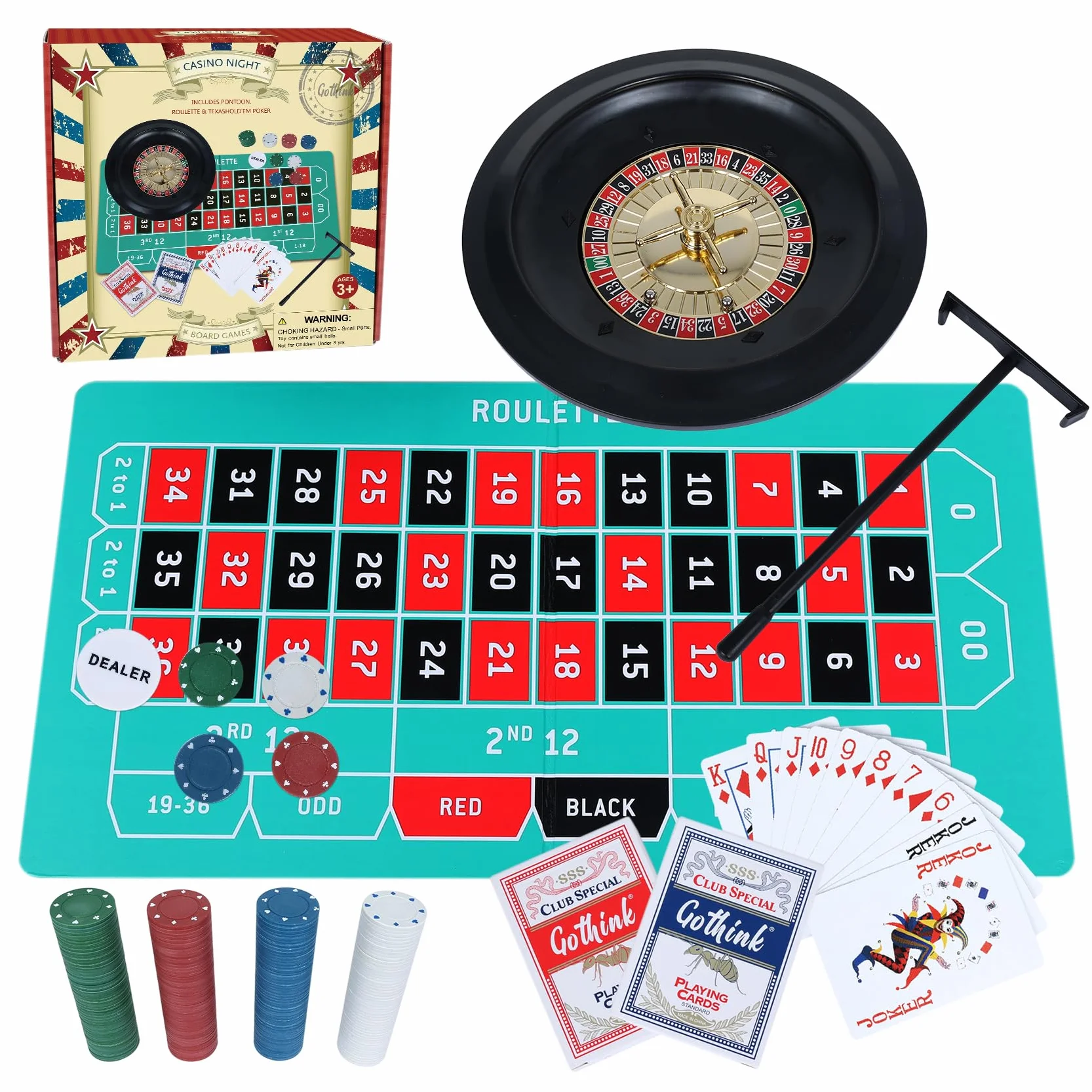 GOTHINK Set di Casinò con Roulette da 25,4 cm, 200 Carte, Strumento di Punti, 2 Palline e Gioco di Texas Hold’em – Ideale per Feste e Celebrazioni