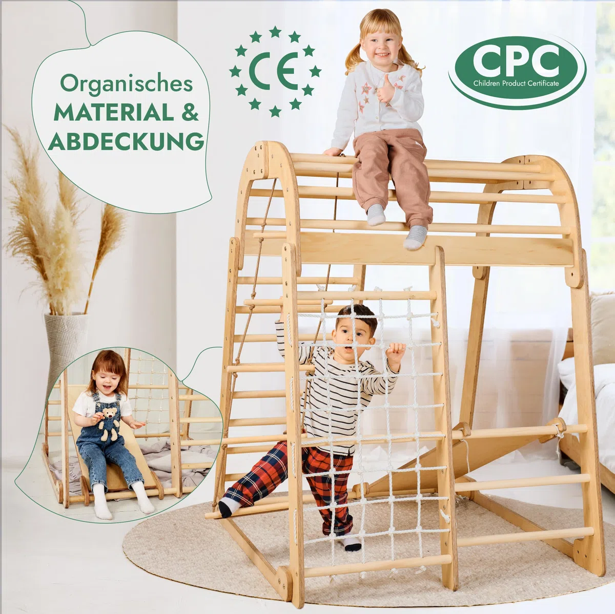 Montessori Struttura in Legno per Bambini, Parco Giochi con Scivolo, Altalena, Parete da Arrampicata, Corda, Scala a Maglia 3-8